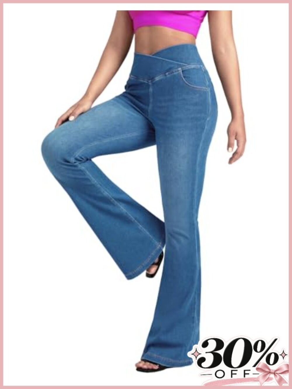Women's Flare Jeans High Waisted Crossover Stretch Knit Denim Bootcut Bell